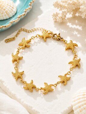 18K Gold Plated Starfish Bracelet Stainless Steel Adjustable Coastal NEW